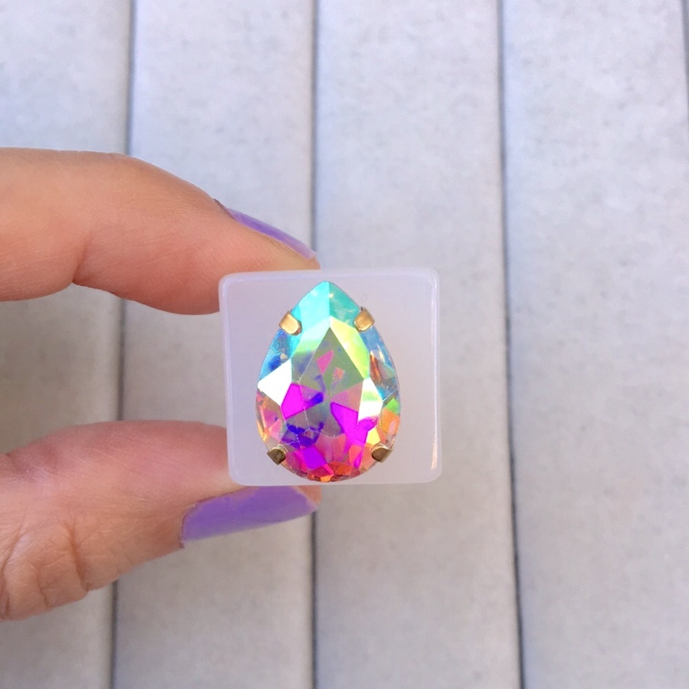 White + Aurora Borealis Gold Crystal Pear Statement Ring